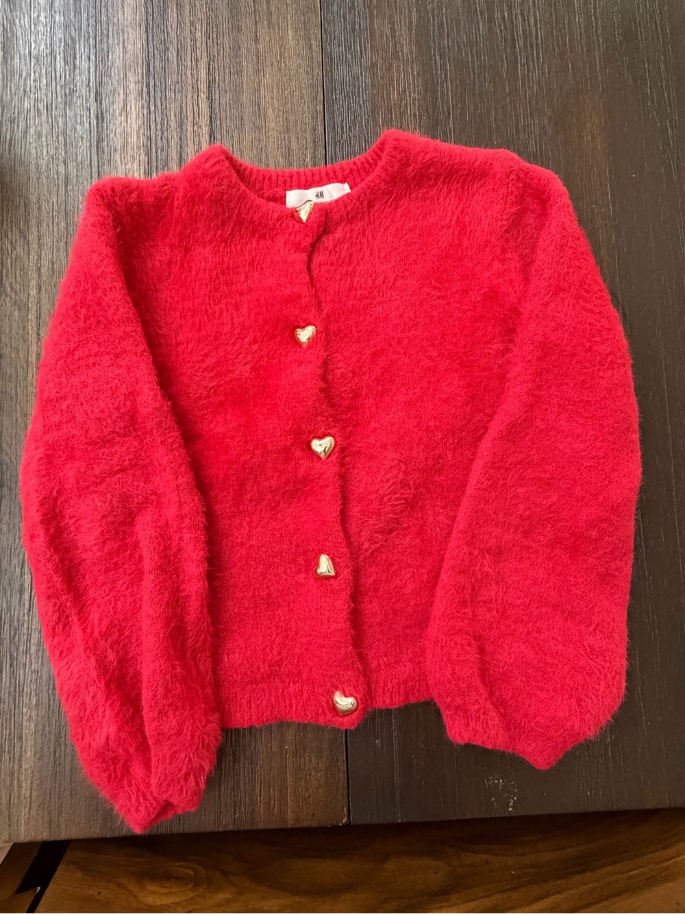 Fuzzy Heart-Button Red Sweater Cardigan Kids